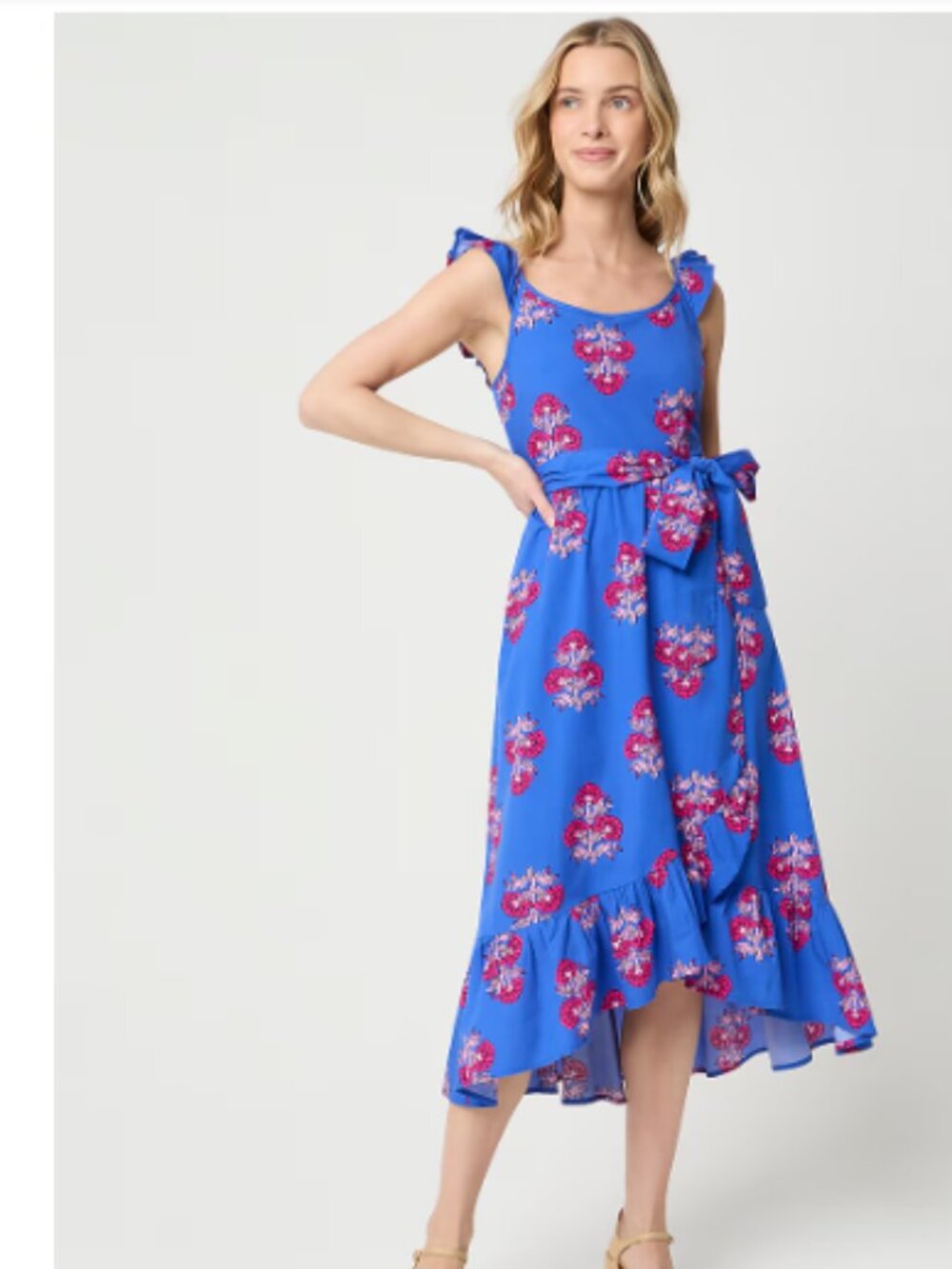 Women's Blue Floral Midi Dress Ruffle Strap Tie Waist Hi-Low Hem Sleeveless - 8